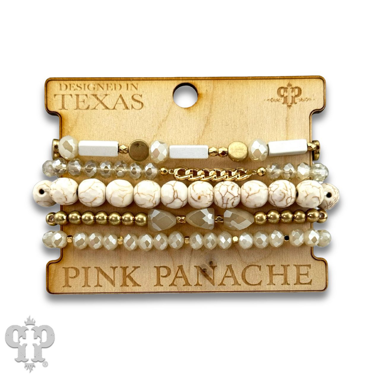 White stone, crystal, and gold bead bracelet from Pink Panache Brands featuring elegant gold accents and mixed bead textures.
