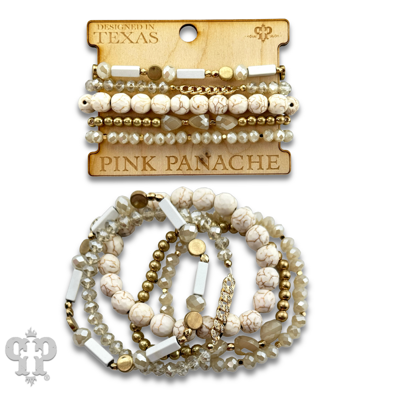 White stone, crystal, and gold bead bracelet from Pink Panache Brands featuring elegant mixed-tone beads and a stylish design.
