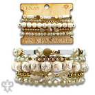 White stone, crystal, and gold bead bracelet featuring pink panache branding and elegant design.