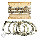 Stack of pink Panache Brands bracelets featuring gray pearl and faceted bead designs for a stylish accessory look.