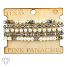 Stacked pink pearl and faceted bead bracelets by Pink Panache Brands, featuring gray pearls and shimmering beads.