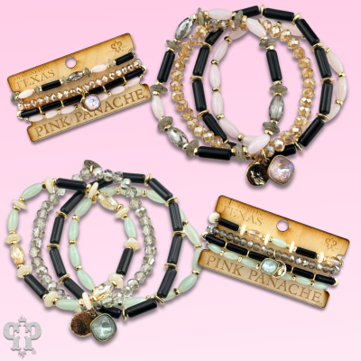 Pink Panache Brands mixed bead bracelet stack featuring green beads and a sparkling Austrian crystal charm.