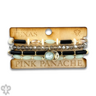 Stack of Pink Panache Brands mixed bead bracelets with green beads and an Austrian crystal charm, stylish and colorful accessory.