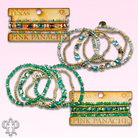 Pink Panache Brands beaded bracelet stack with green square and round faceted beads, stylish jewelry accessory for wrist.