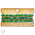 Stack of pink Panache Brands beaded bracelets with green square and round faceted beads, stylish jewelry for casual wear.