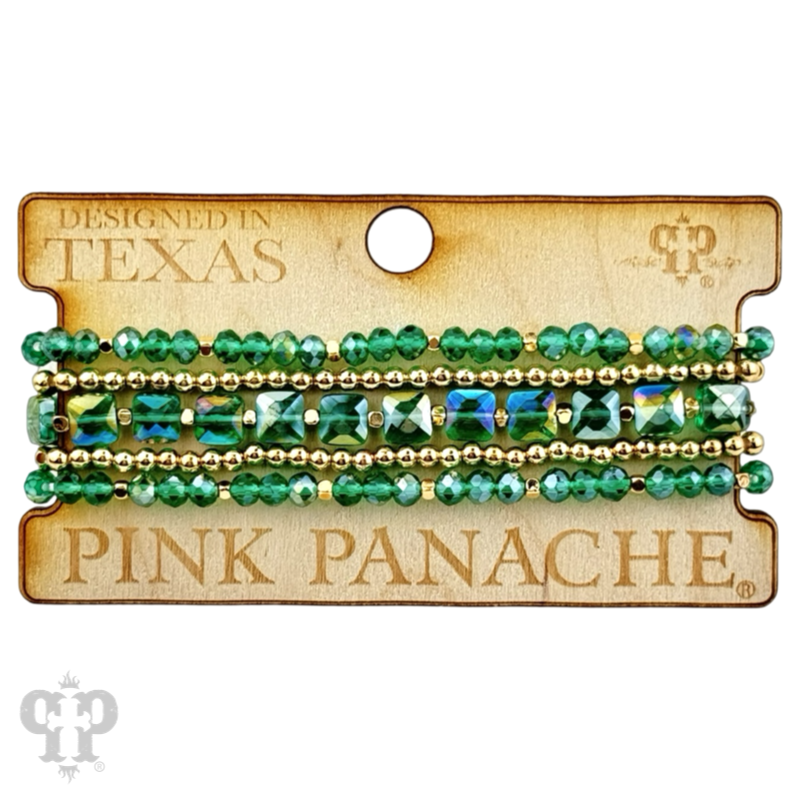 Stack of pink Panache Brands beaded bracelets with green square and round faceted beads, stylish jewelry for casual wear.