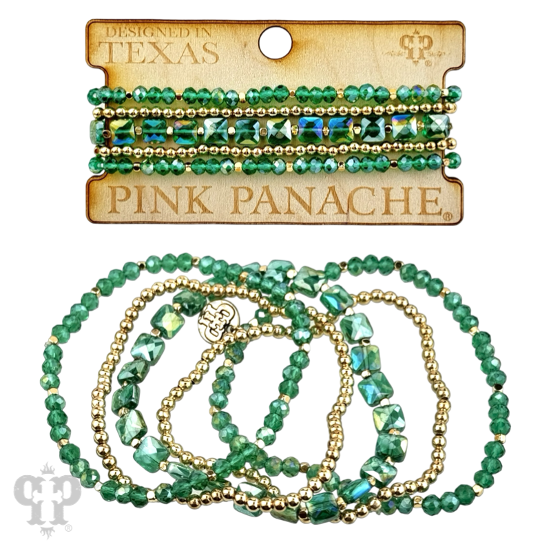 Pink Panache Brands beaded bracelet stack with green square and round faceted beads, stylish jewelry accessory.