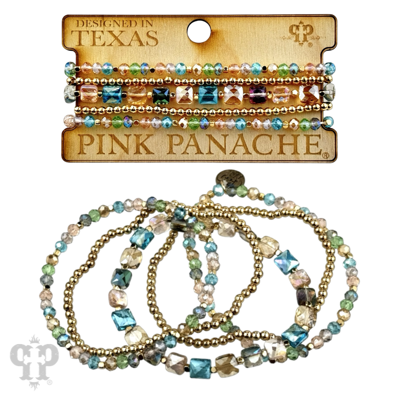 Pink Panache Brands bracelet stack with green square and round faceted beads, stylish jewelry for stacking or layering.