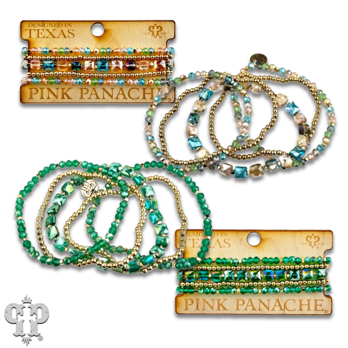 Stack of Pink Panache Brands green square and round faceted bead bracelets, stylish jewelry accessory with vibrant beads.