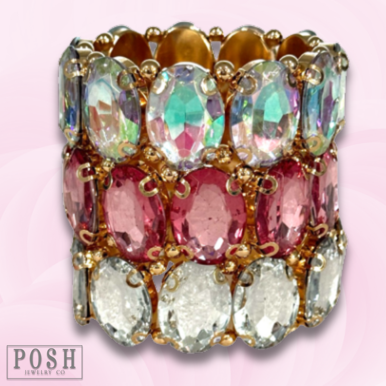 Pink Panache Brands iridescent oval rhinestone bracelet with shimmering stones, stylish jewelry accessory for elegant occasions.
