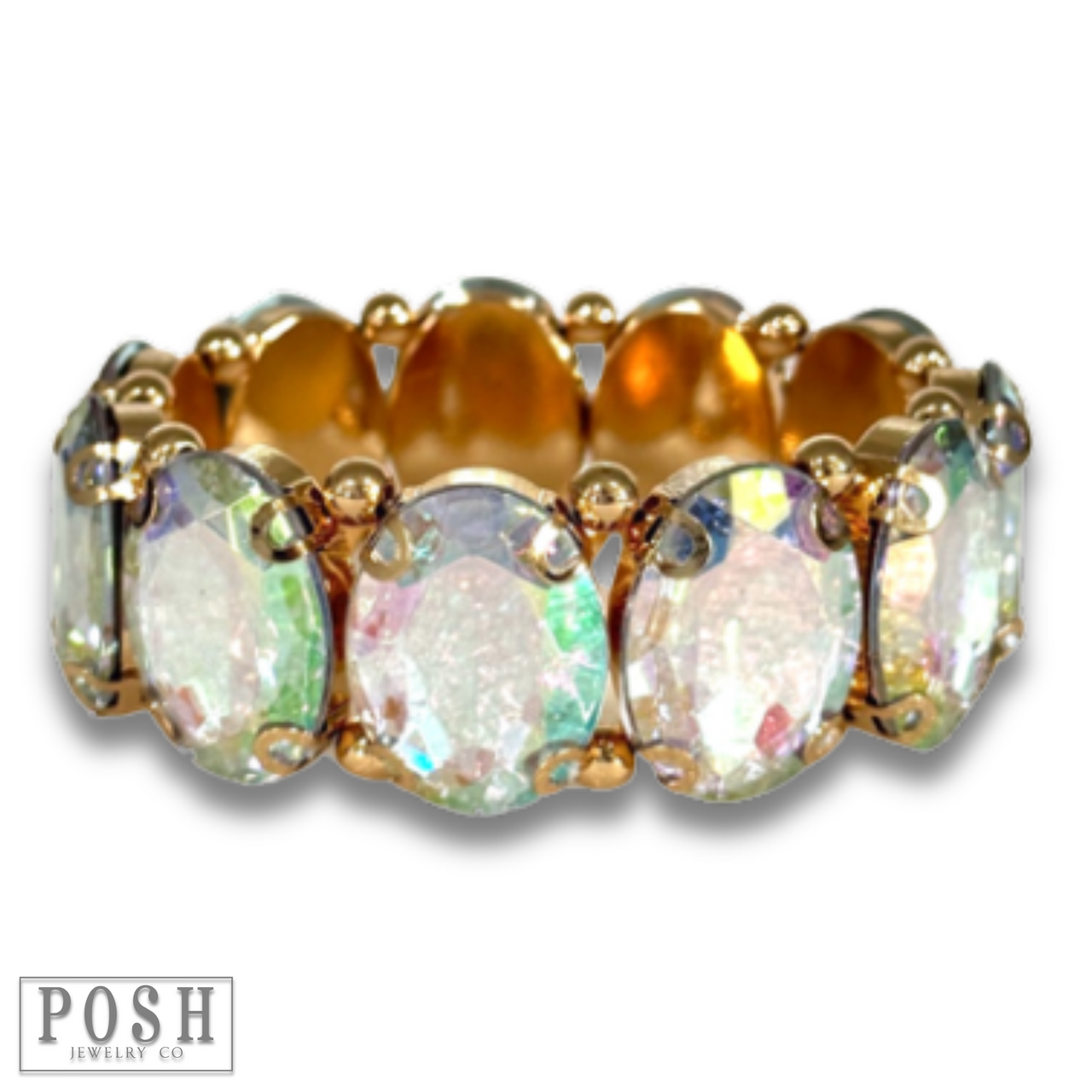 Iridescent oval rhinestone bracelet from Pink Panache Brands, showcasing sparkling stones and elegant design.