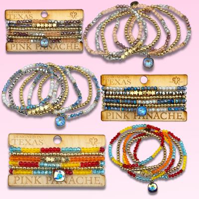 Multi-color faceted round and star bead bracelet stack with Austrian crystals, stylish jewelry by Pink Panache Brands.
