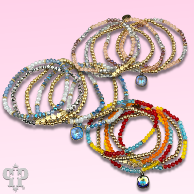 Multi-color faceted round and star bead bracelet stack by Pink Panache Brands featuring Austrian crystals.