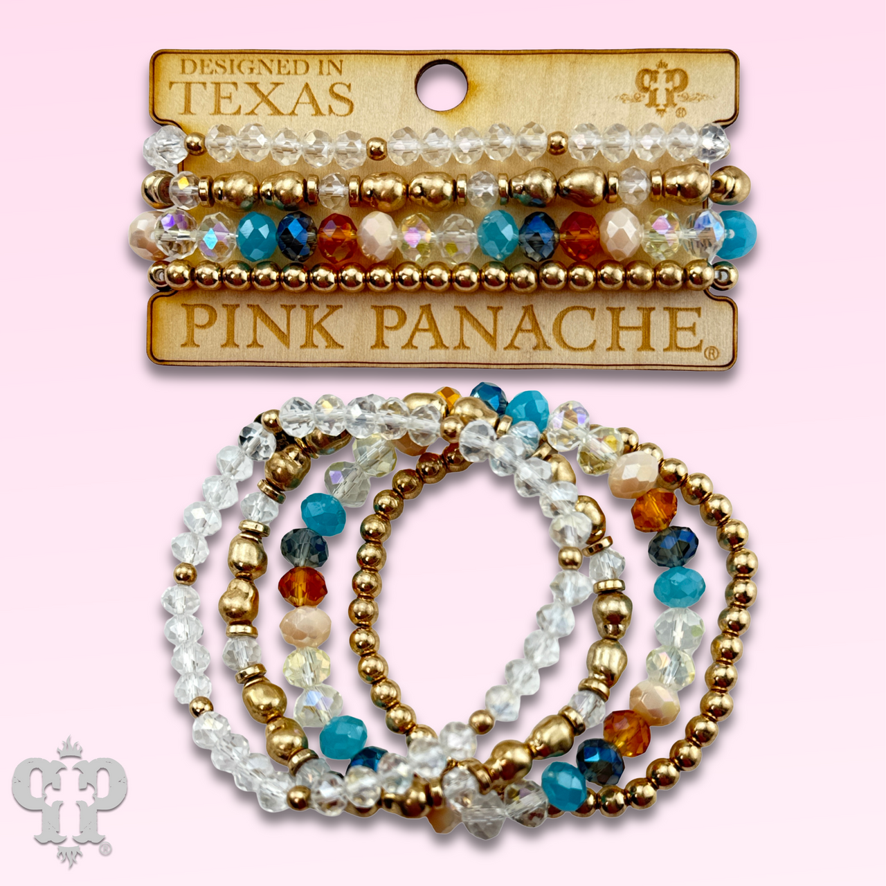 Multi-color and gold bead bracelet from Pink Panache Brands featuring vibrant beads and elegant gold accents.