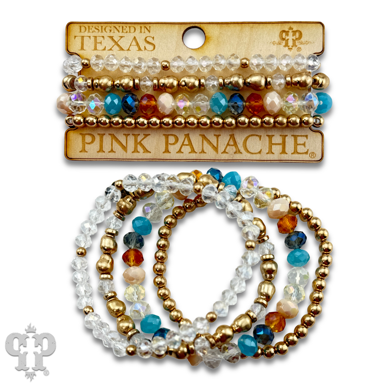 Multi-color and gold bead bracelet from Pink Panache Brands featuring vibrant beads and a stylish design.