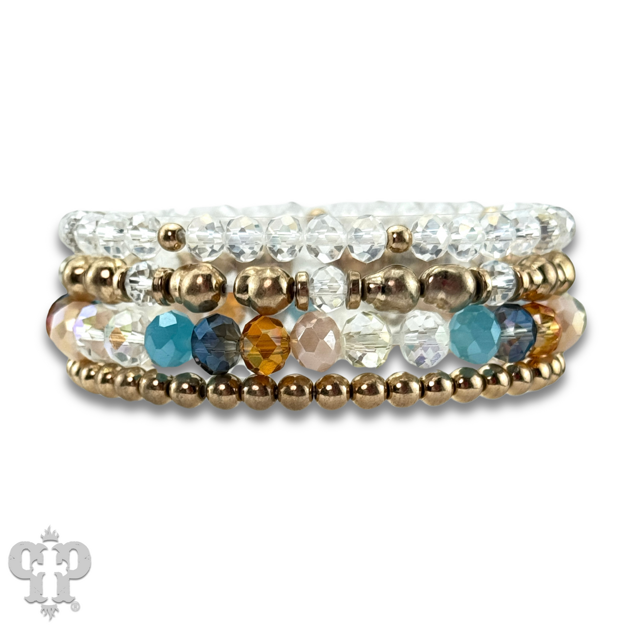 Multi-color and gold bead bracelet by Pink Panache Brands featuring vibrant beads and elegant gold accents.