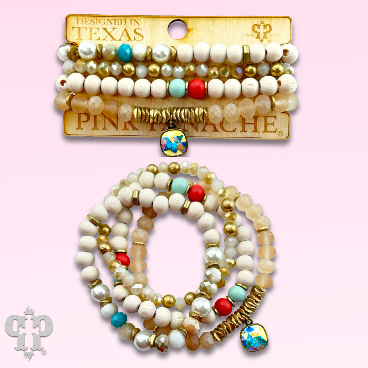Multi-color and white bracelet set with Austrian crystals from Pink Panache Brands, featuring sparkling crystal accents.