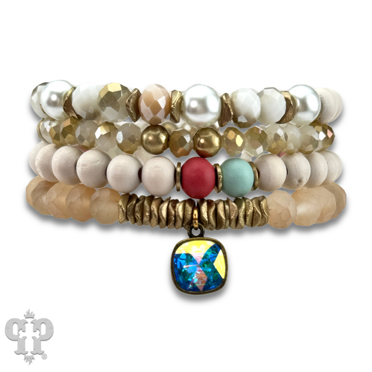 Set of multi-color and white bracelets with Austrian crystals from Pink Panache Brands, featuring vibrant beads and sparkling accents.