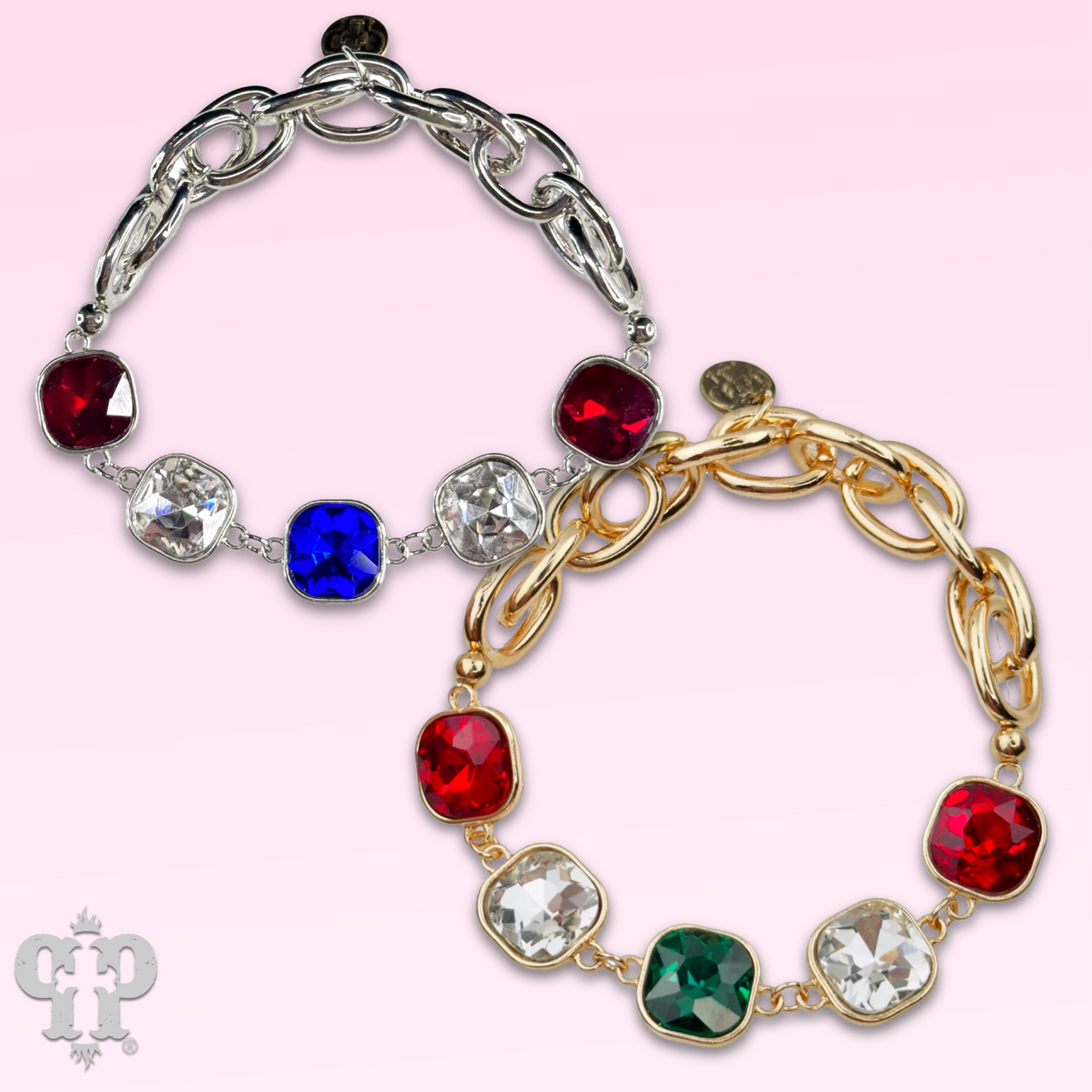Colorful rhinestone and stretch gold-tone curvy bracelet featuring square multi-color stones, by Pink Panache Brands.