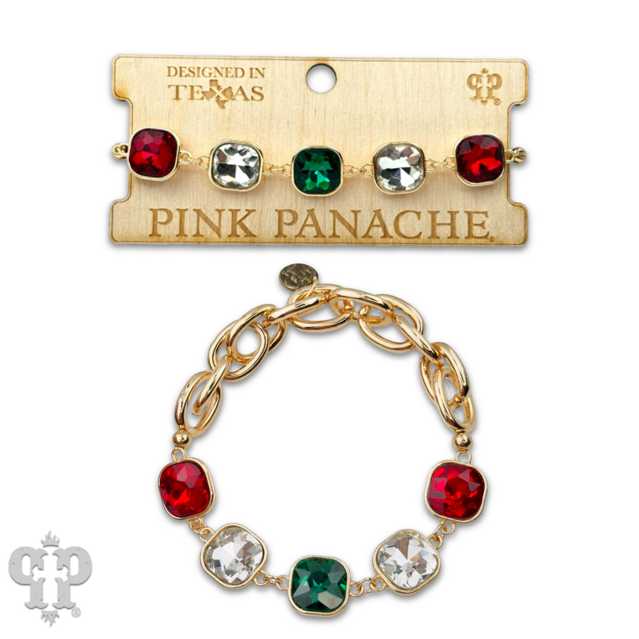 Colorful rhinestone and stretch gold-tone curvy bracelet from Pink Panache Brands with square multi-color stones.