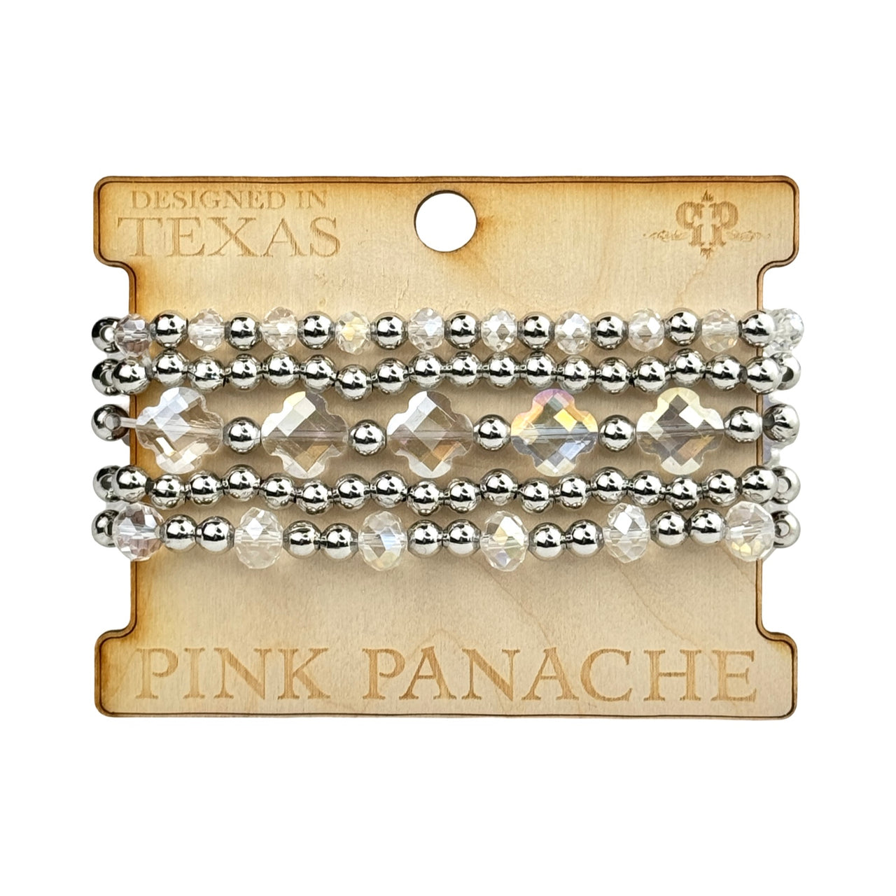 Set of pink Panache Brands crystal and silver bead bracelets, featuring sparkling crystals and silver accents on the jewelry.