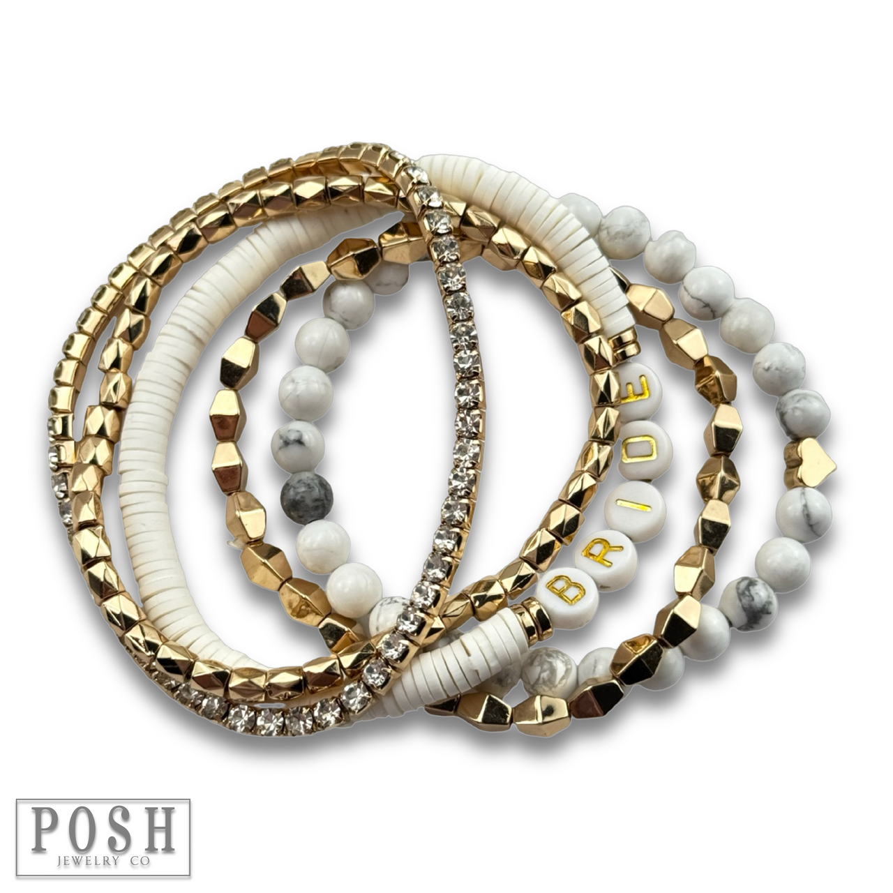 White bride bracelet set by Pink Panache Brands featuring elegant, dainty bracelets perfect for wedding accessories.