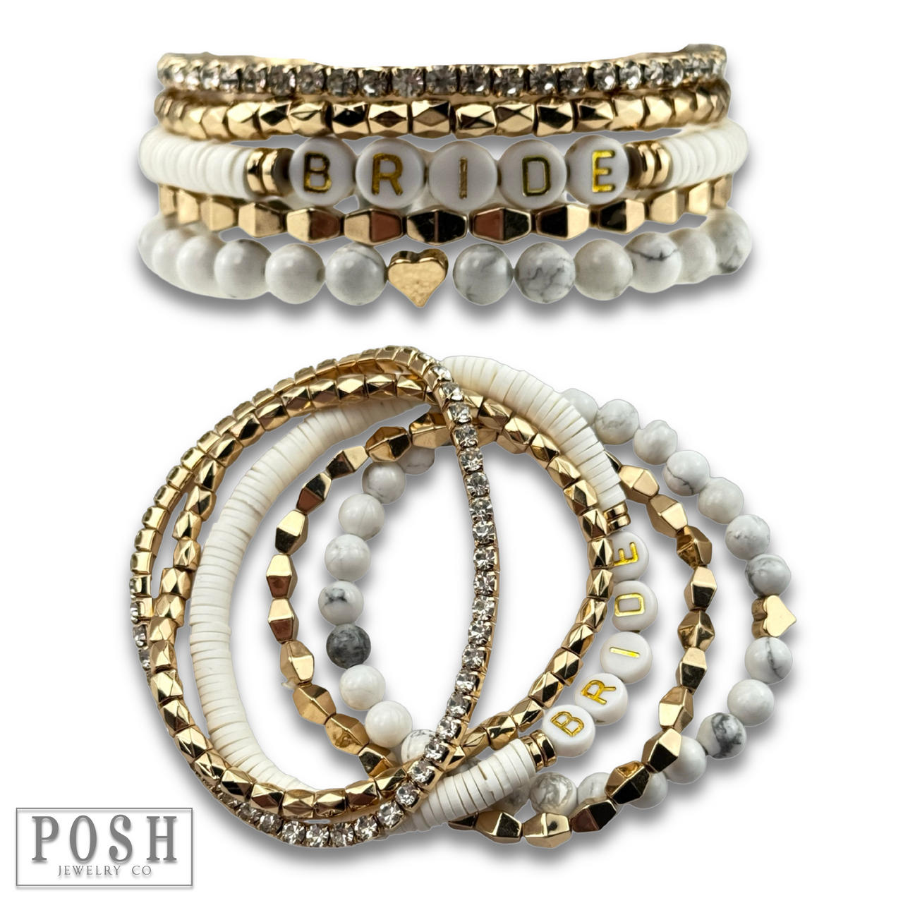 White bride bracelet set by Pink Panache Brands featuring elegant wedding jewelry with delicate designs and sparkling accents.