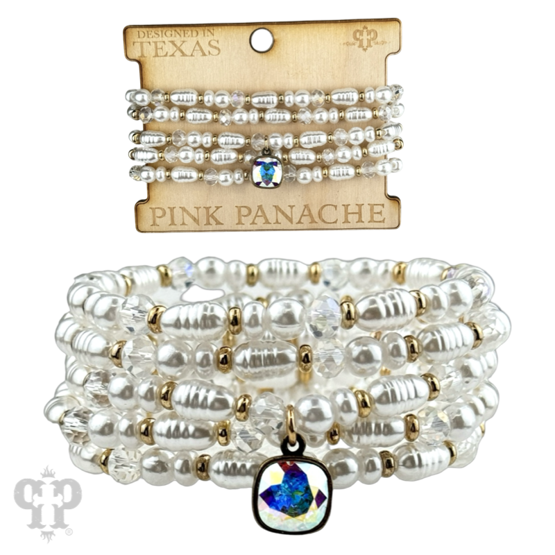 Cream pearl bead bracelet stack with Austrian crystal accents by Pink Panache Brands, featuring elegant, feminine jewelry design.