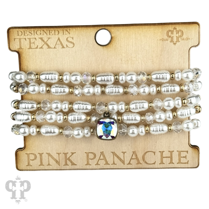 Cream pearl bead bracelet stack by Pink Panache Brands featuring Austrian crystals and delicate design, perfect for elegant accessories.