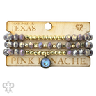 Faceted crystal and gold three-strand beaded bracelet with Austrian crystals by Pink Panache Brands, featuring white beads and elegant design.
