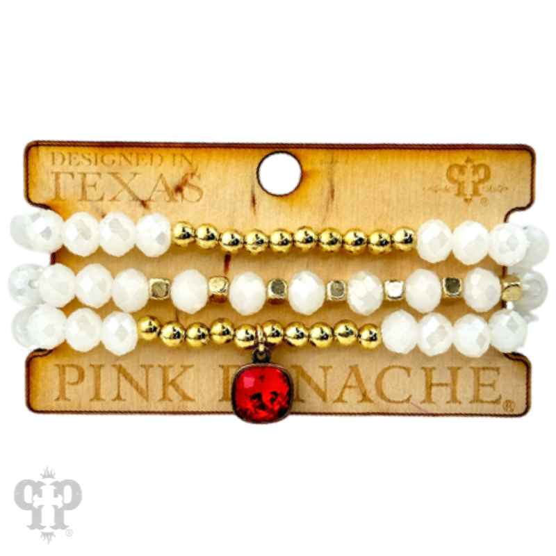 Pink Panache Brands faceted crystal and gold three-strand beaded bracelet with Austrian crystals, showcasing elegant jewelry design.
