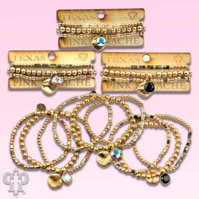 Matte gold and square glass bead bracelet stack with Austrian crystals, stylish jewelry by Pink Panache Brands.