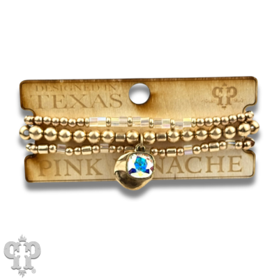 Matte gold and square glass bead bracelet stack with Austrian crystals, stylish jewelry by Pink Panache Brands