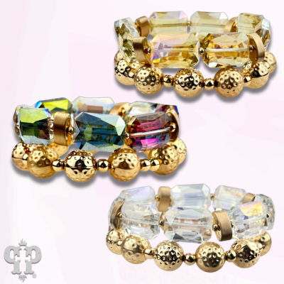 Pink Panache Brands octagon-shaped faceted bead bracelet stack featuring white beads and elegant design for stylish accessories.