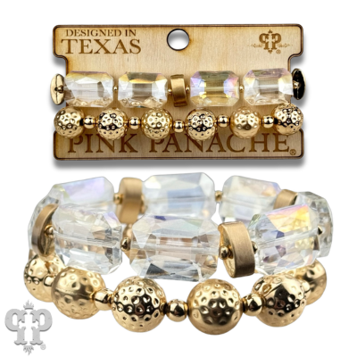 Pink Panache Brands octagon-shaped faceted bead bracelet stack featuring white beads and a stylish, modern design.