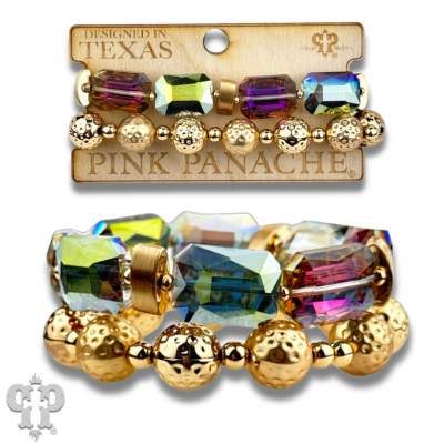 Pink Panache Brands octagon-shaped faceted bead bracelet stack featuring white beads and multiple bracelets in a stylish jewelry set.