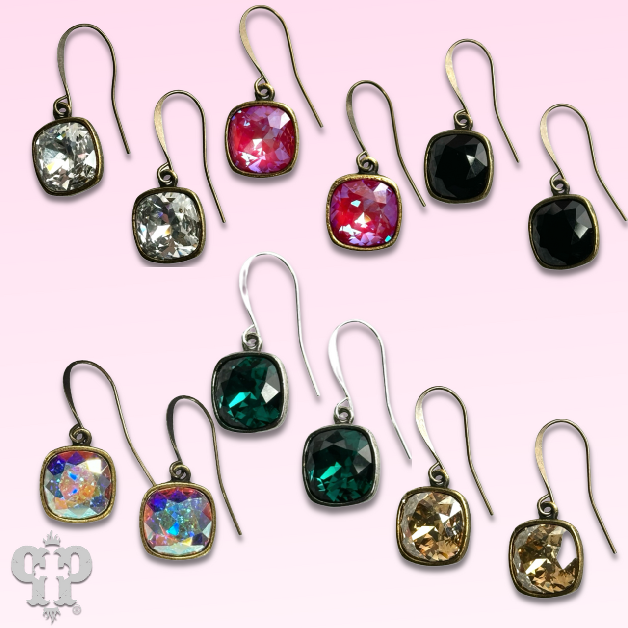 Austrian square crystal hook earrings by Pink Panache Brands, 12mm bronze earrings with sparkling crystal embellishments.