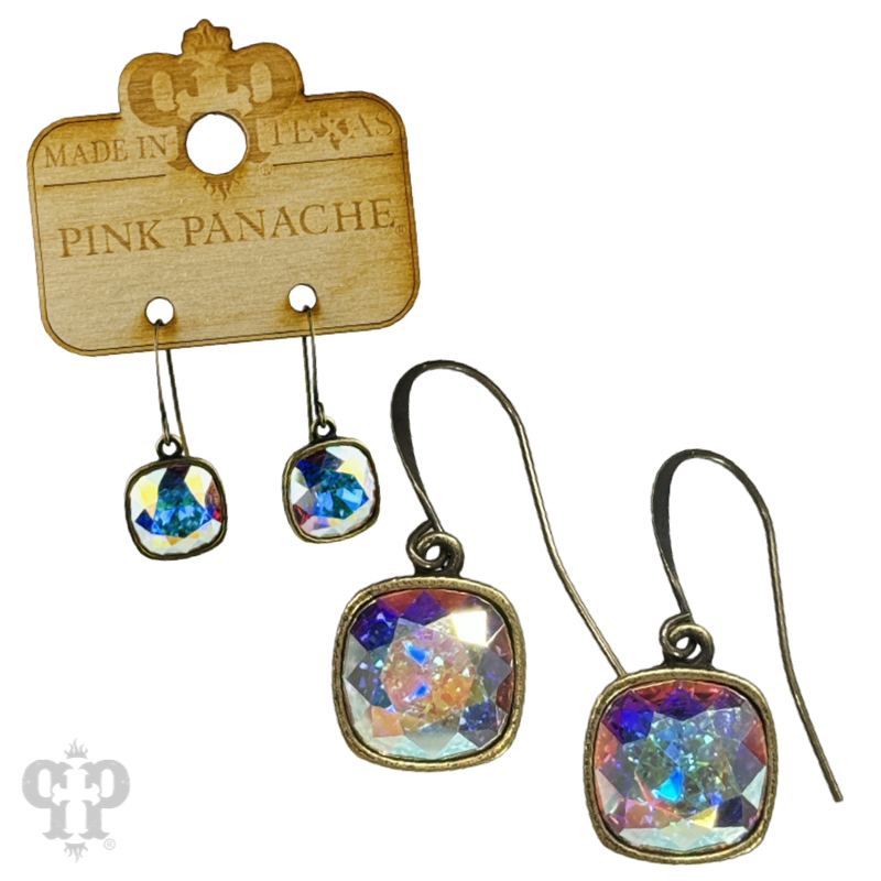 Austrian square crystal hook earrings by Pink Panache Brands, 12mm bronze-toned earrings with sparkling square crystals.