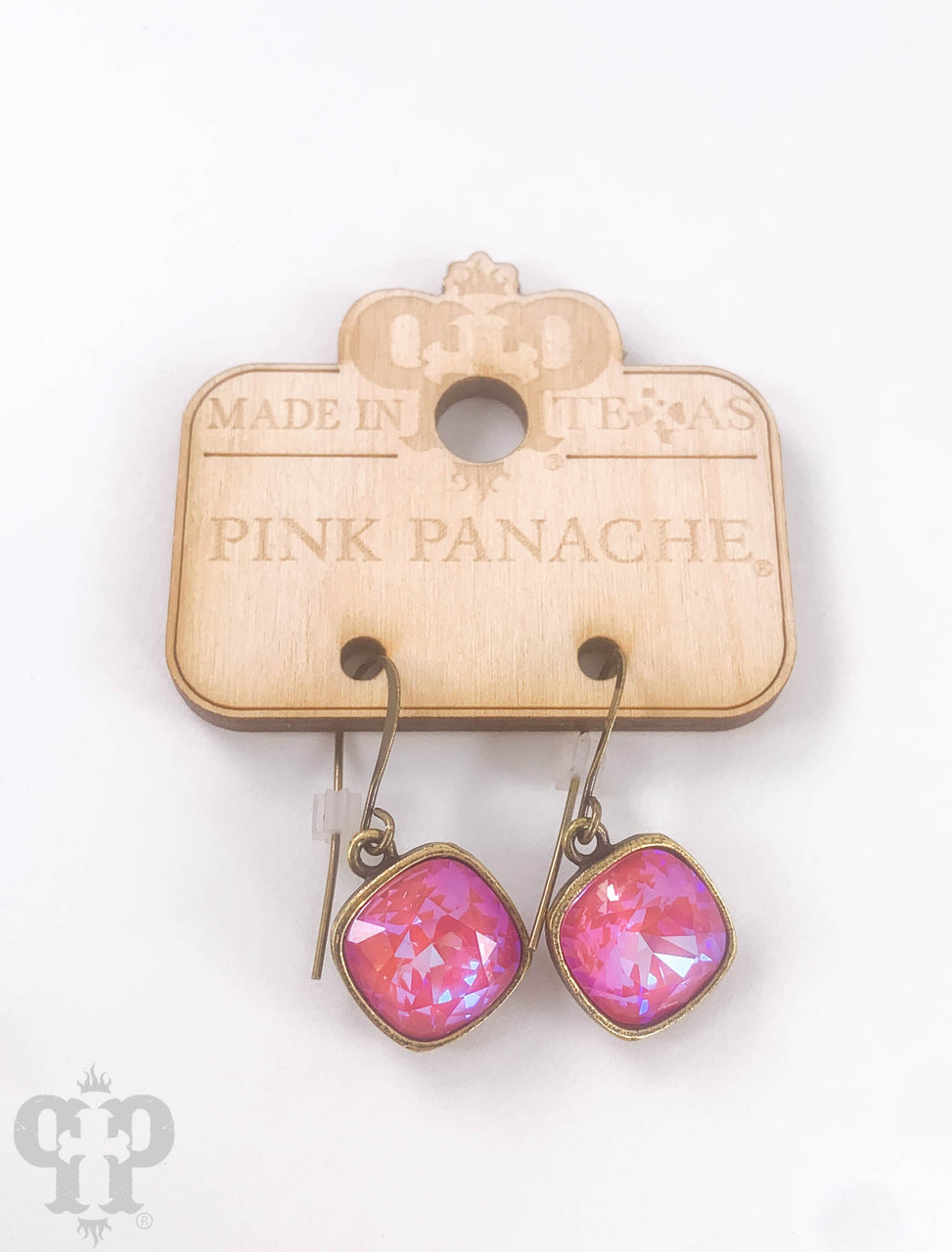 Austrian square crystal hook earring in bronze finish, 12mm, by Pink Panache Brands, featuring sparkling gemstone accents.