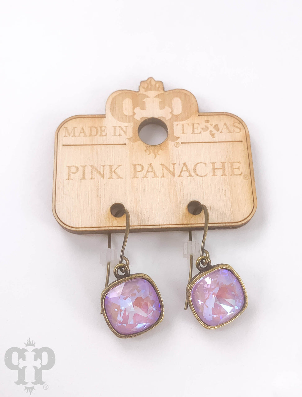 Austrian square crystal hook earrings in bronze, 12mm, by Pink Panache Brands, featuring sparkling square crystal design.