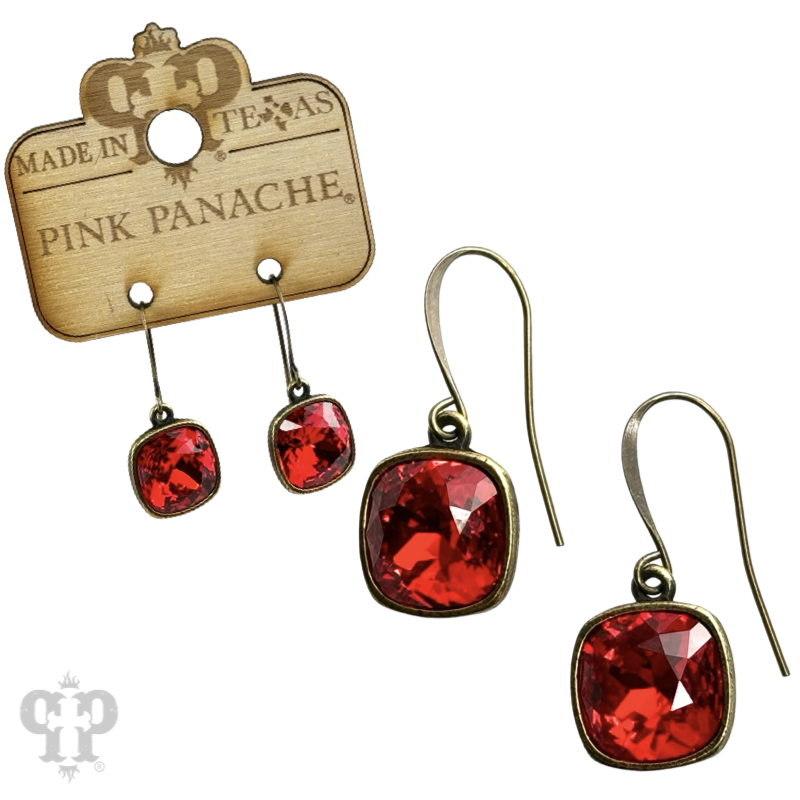 Austrian square crystal hook earrings by Pink Panache Brands, 12mm bronze-tone earrings with sparkling square crystals.