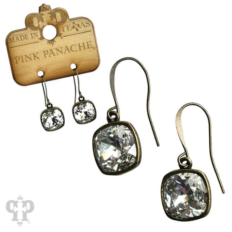 Pink Panache Brands Austrian square crystal hook earring, 12mm, bronze-tone with sparkling square crystal, elegant jewelry accessory.