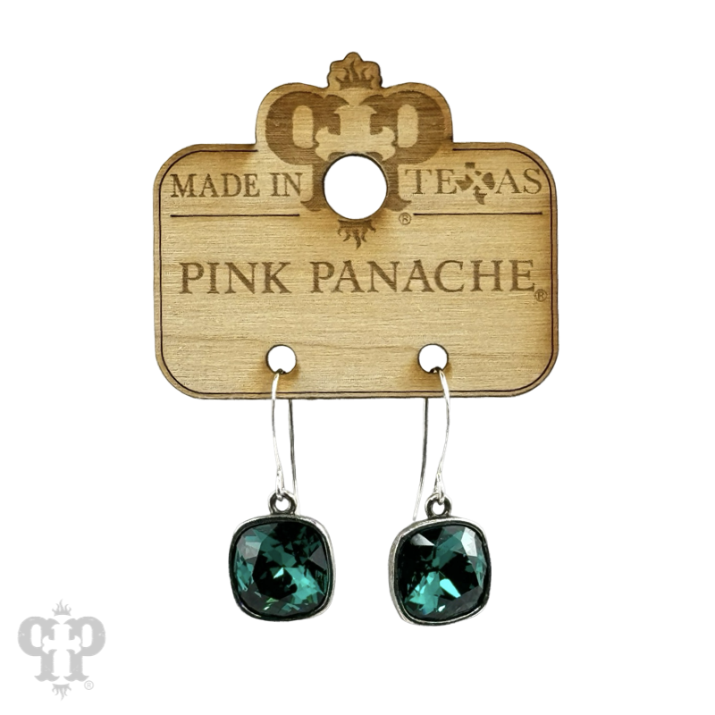 Austrian square crystal hook earrings by Pink Panache Brands, 12mm bronze earrings with sparkling square crystals.