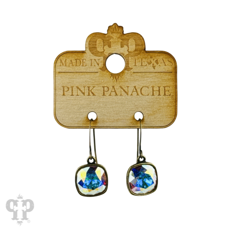 Austrian square crystal hook earring in bronze finish, 12mm size, by Pink Panache Brands, featuring a sparkling square crystal.