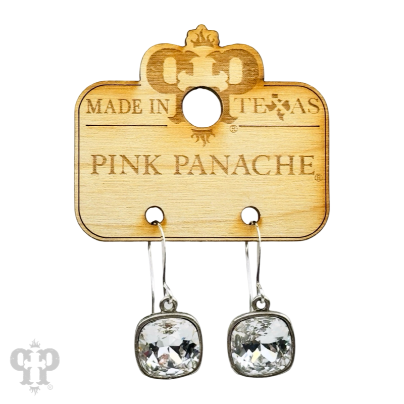 Austrian square crystal hook earrings by Pink Panache Brands, 12mm bronze earrings with sparkling square crystals.