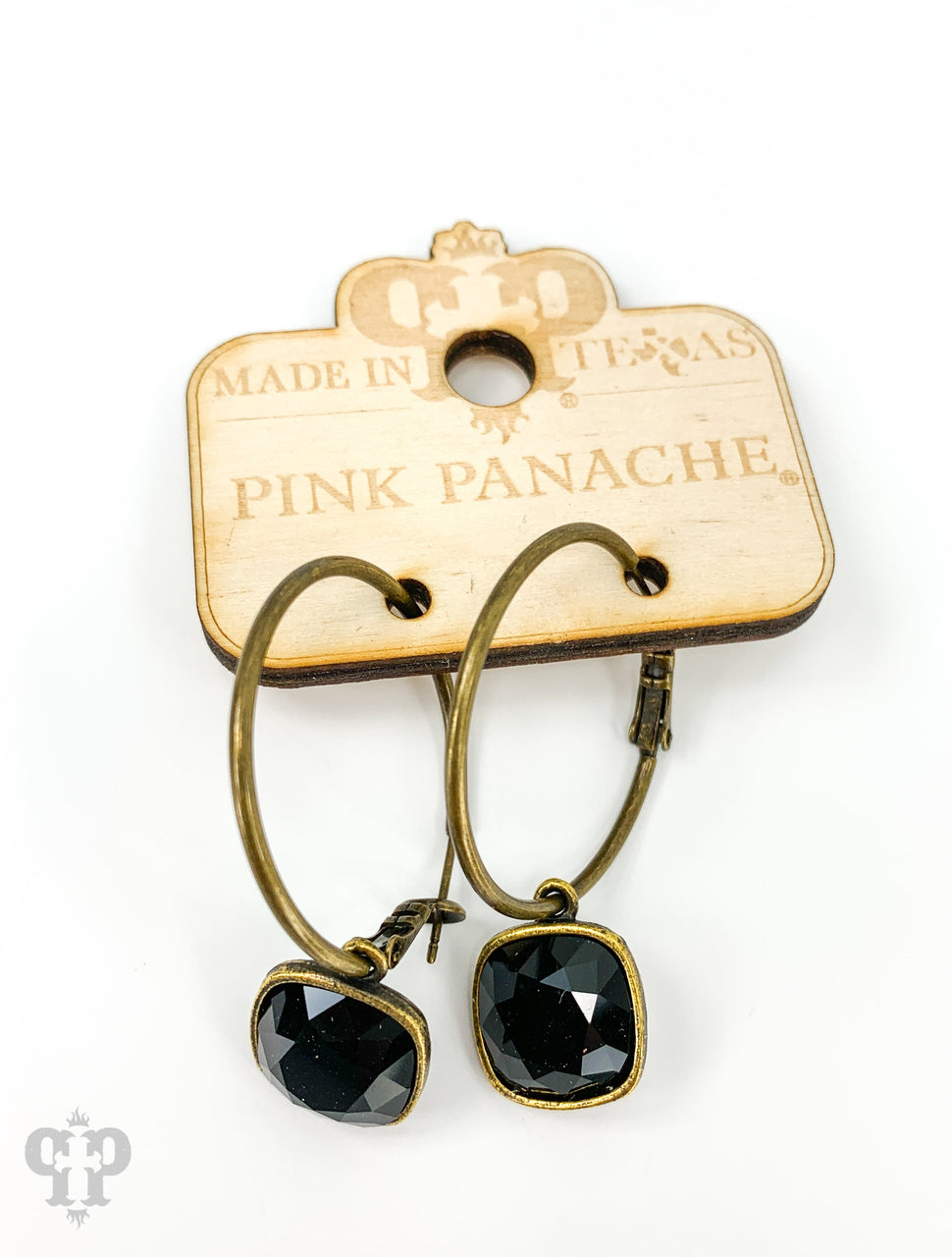 Pink Panache Brands 12mm square Austrian crystal hoop earring, bronze-tone jewelry with sparkling crystals on a simple hoop design.