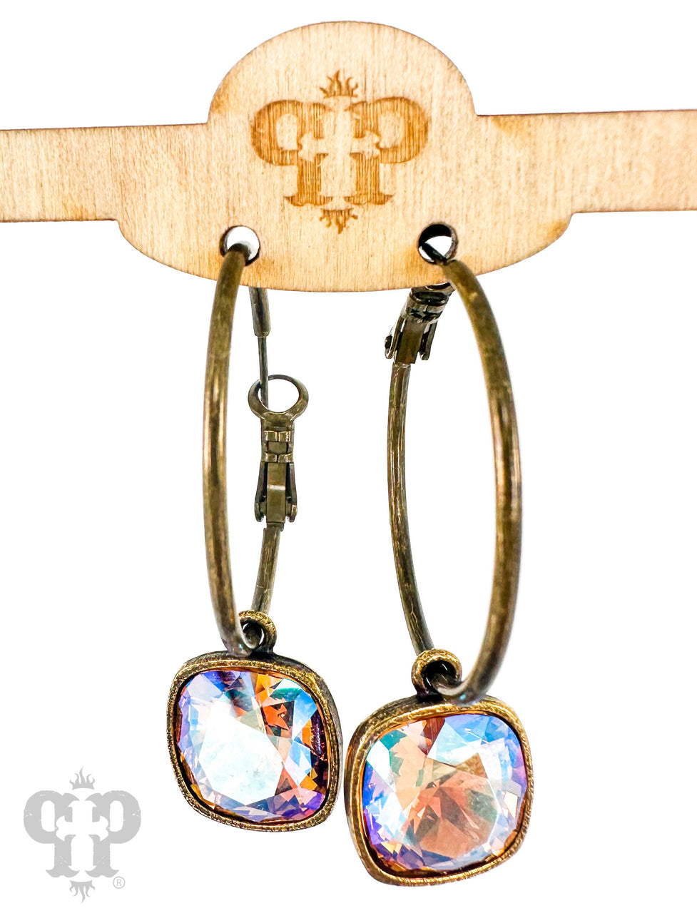 Pink Panache Brands square Austrian crystal hoop earring, 12mm, bronze-tone jewelry with sparkling crystals.