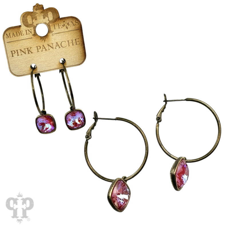 Pink Panache Brands square Austrian crystal hoop earring, 12mm, bronze-tone jewelry with sparkling crystals.