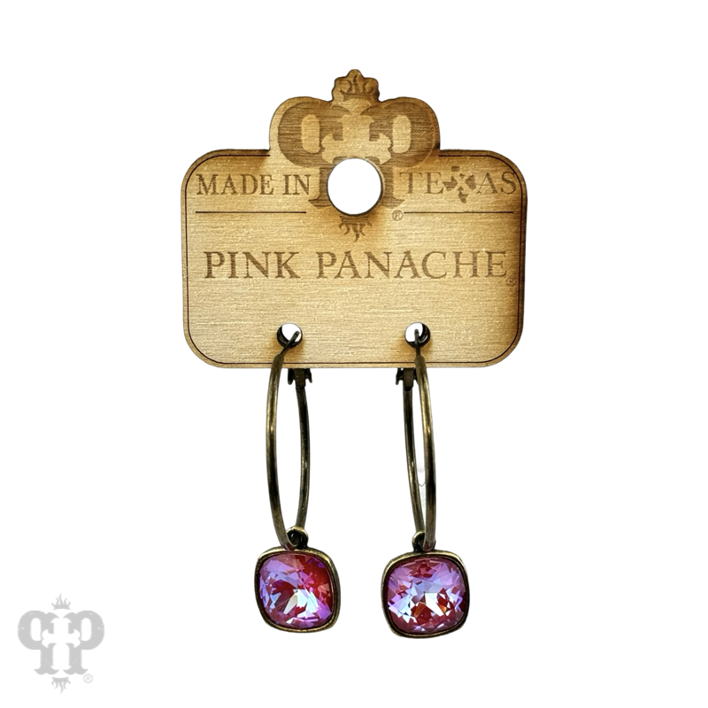 Pink Panache Brands square Austrian crystal hoop earring, 12mm, bronze-tone jewelry with sparkling crystal accents.