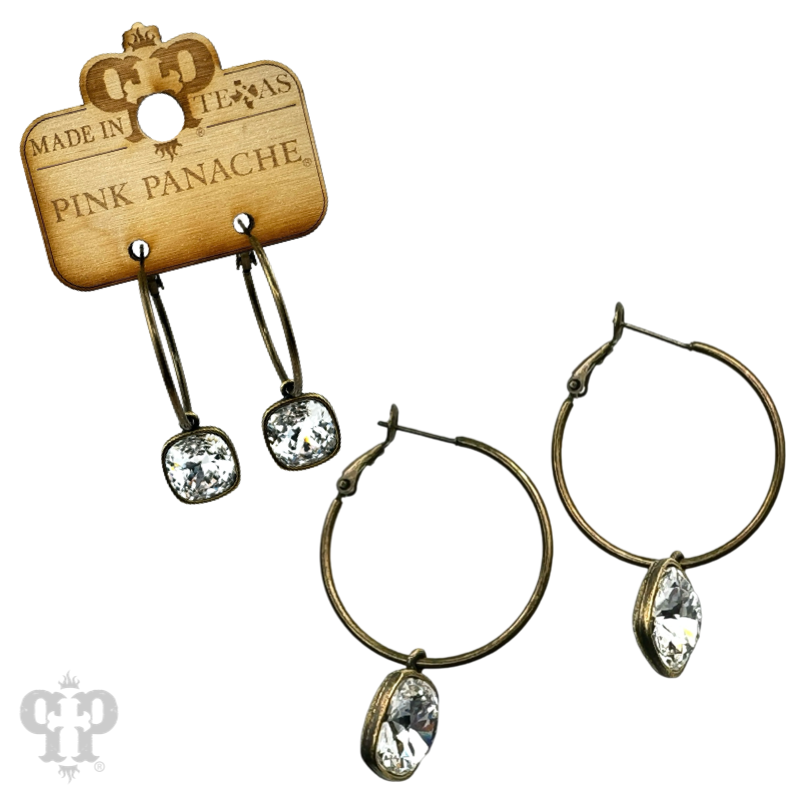 Square Austrian crystal hoop earring in bronze finish, 12mm size, from Pink Panache Brands, showcasing sparkling crystal details.